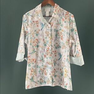 Alfred Dunner Pastel Floral Button-Down Shirt in Mint & Cream